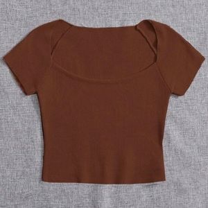 Shein Chocolate Brown square neck knit Size large crop top Cap sleeve